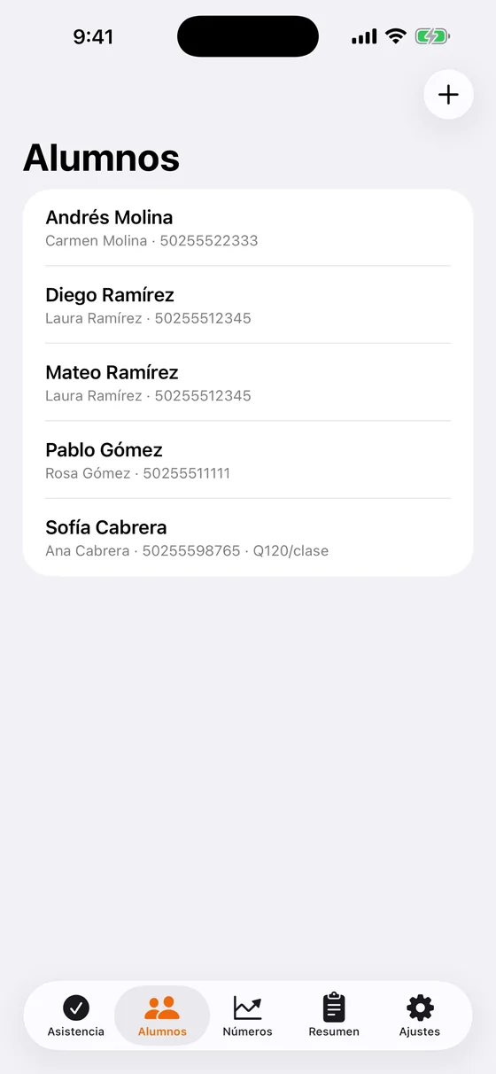 Lista de alumnos con el nombre del papá o la mamá, su teléfono y el precio por clase.